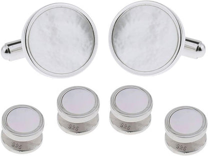 Solid Sterling Silver Mother of Pearl Tuxedo Cufflinks and Studs Formal Set by