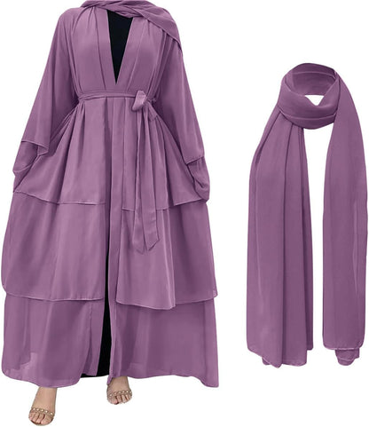 Muslim Chiffon Abaya for Women Open Front Cardigan Modest Dress with Hijab Scarf Middle East Arabian Robe Islamic Long Dress