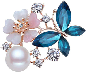Women Faux Quartz Butterfly Flower Imitation Pearl Brooch Pin Lapel Clip Decoration Festival Birthday Gift- Rose Gold Festival Birthday Gift- Blue