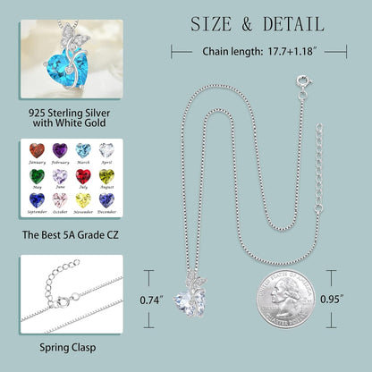 Butterfly Necklace for Women 925 Sterling Silver Love Heart Pendant Necklace Birthstone Jewelry Gifts for Wife Girlfriend Mom Daughter