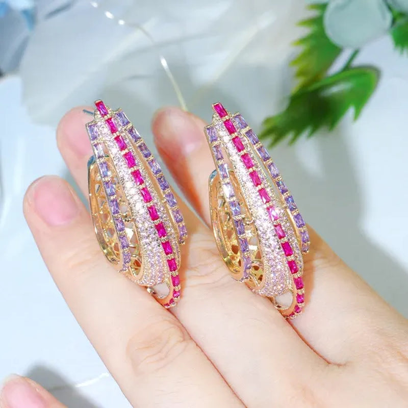 CANDICE Dubai Luxury Trendy Ear Jewelry Full Micro Pave Rose Red Purple CZ Crystal Hollow-out Design Arc Hoop Earrings for Dinner Party - WORLD TIME VISITS
