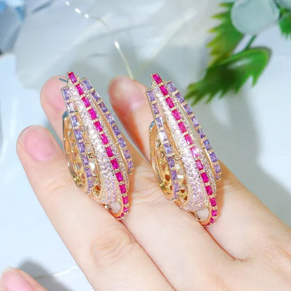 CANDICE Dubai Luxury Trendy Ear Jewelry Full Micro Pave Rose Red Purple CZ Crystal Hollow-out Design Arc Hoop Earrings for Dinner Party - WORLD TIME VISITS