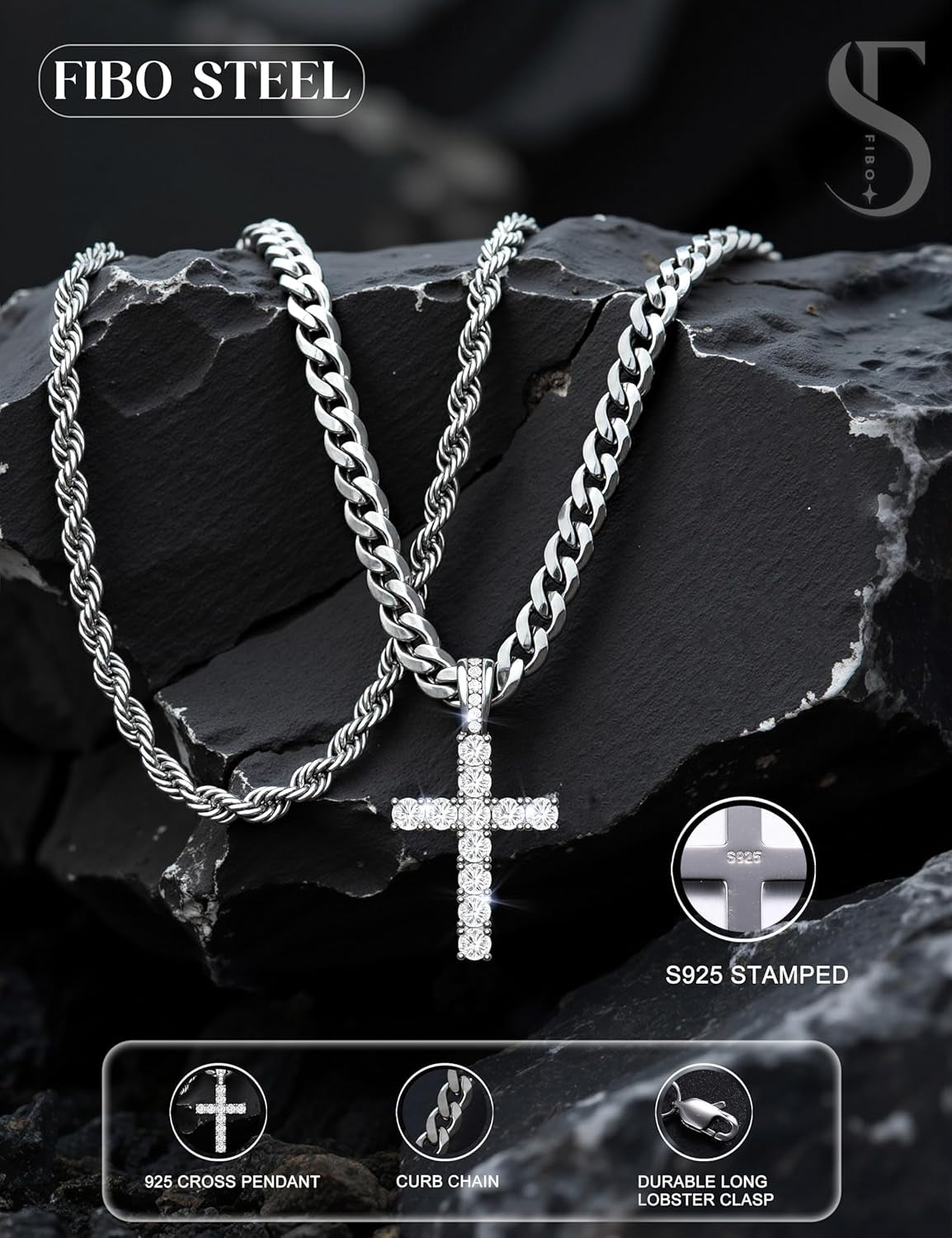 925 Sterling Silver Cross Necklace Men - CZ Cross Pendant Layered Necklaces Waterproof Stainless Steel Cuban Link Rope Chain Silver Necklace Stack Jewelry with Gift Box 16-30 Inches