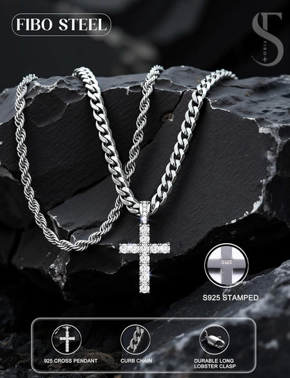 925 Sterling Silver Cross Necklace Men - CZ Cross Pendant Layered Necklaces Waterproof Stainless Steel Cuban Link Rope Chain Silver Necklace Stack Jewelry with Gift Box 16-30 Inches