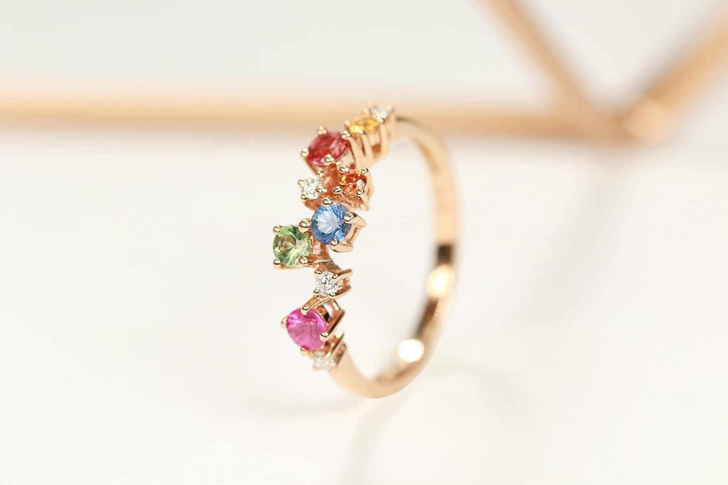 10K Yellow Gold Multi Sapphire, Ruby and Tsavorite Ring with Diamonds for Women | Ethically, Authentically & Organically Sourced (Round-Cut) Shaped Sapphire Hand-Crafted Jewelry for Her | Sapphire Ring for Women