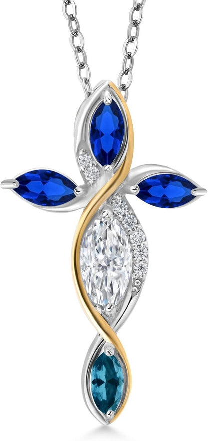 925 Silver and 10K Yellow Gold Blue Created Sapphire Lab Grown Diamond Cross Pendant with Chain Set with Moissanite (1.45 Cttw) - WORLD TIME VISITS