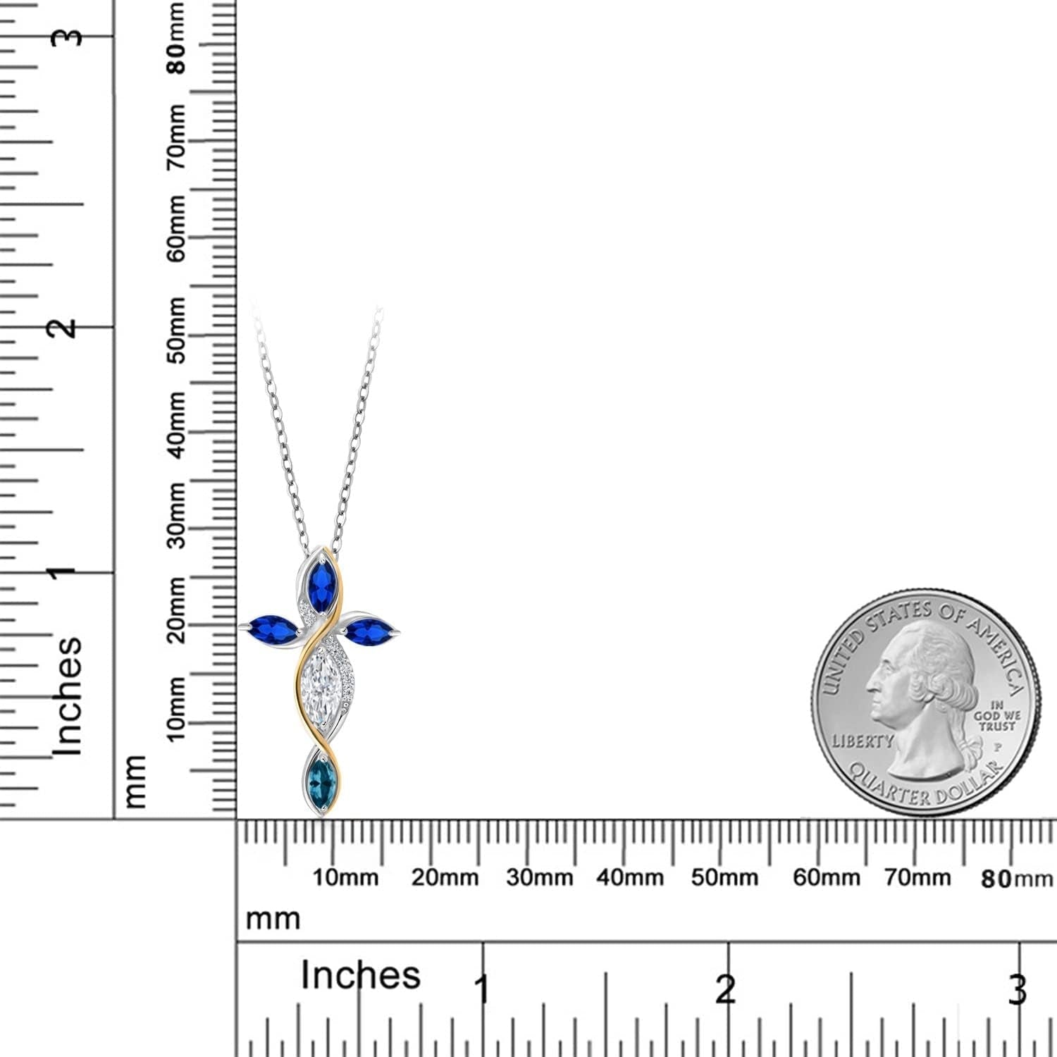 925 Silver and 10K Yellow Gold Blue Created Sapphire Lab Grown Diamond Cross Pendant with Chain Set with Moissanite (1.45 Cttw) - WORLD TIME VISITS