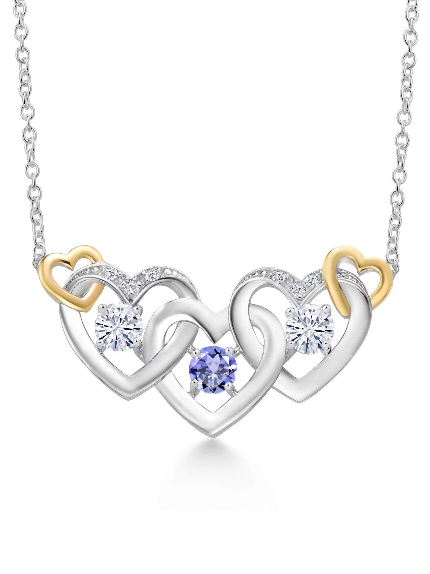 925 Silver and 10K Yellow Gold Blue Tanzanite White Moissanite from Charles & Colvard and White Lab Grown Diamond Heart Shape Pendant Necklace for Women (0.82 Cttw, with 18 Inch Chain) - WORLD TIME VISITS