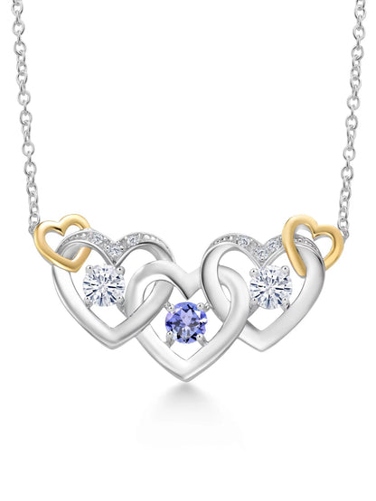 925 Silver and 10K Yellow Gold Blue Tanzanite White Moissanite from Charles & Colvard and White Lab Grown Diamond Heart Shape Pendant Necklace for Women (0.82 Cttw, with 18 Inch Chain) - WORLD TIME VISITS