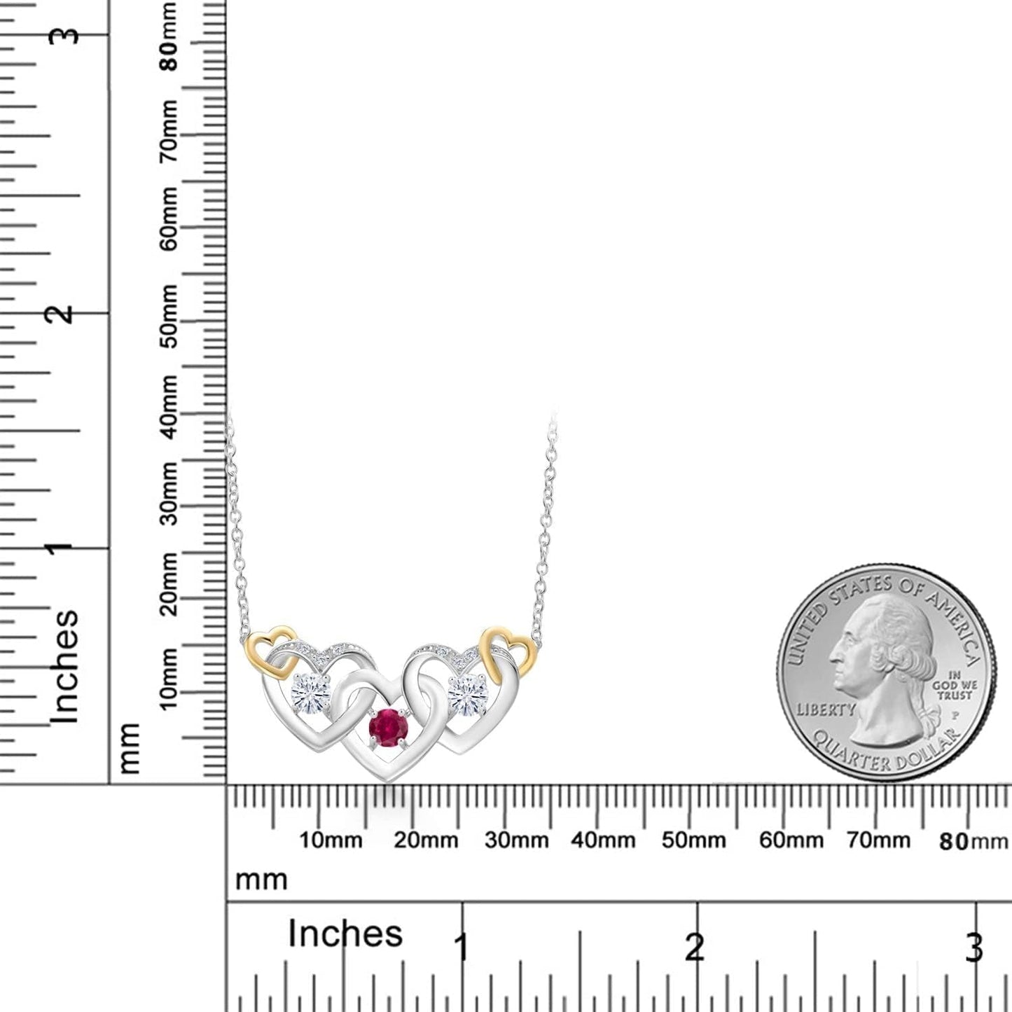 925 Silver and 10K Yellow Gold Red Created Ruby White Moissanite and White Lab Grown Diamond Heart Shape Pendant Necklace for Women (0.77 Cttw, with 18 Inch Chain)