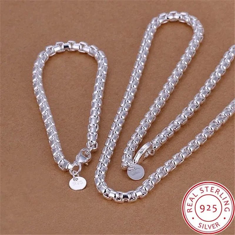 925 Silver Beautiful round Box Chain Necklace Bracelet for Woman Men Fashion Wedding Party Bridal Jewelry Set - WORLD TIME VISITS