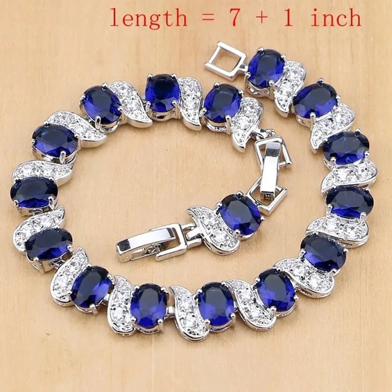 925 Silver Jewelry Sets Blue Sapphire White Topaz Open Rings Earrings Pendant Necklace Bracelet for Bridal Women - WORLD TIME VISITS