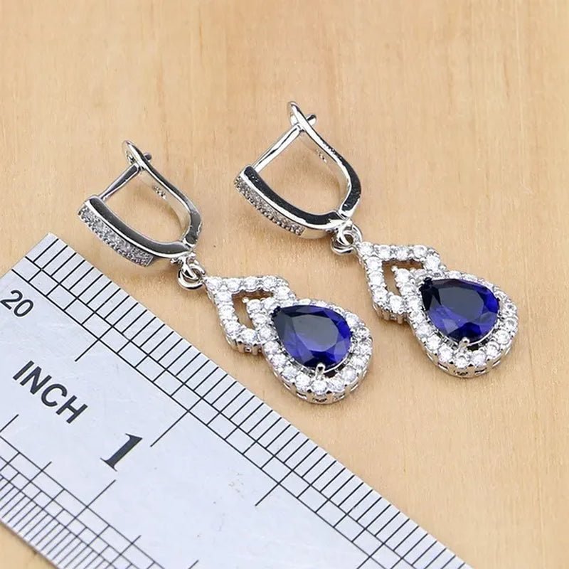 925 Silver Jewelry Sets Blue Sapphire White Topaz Open Rings Earrings Pendant Necklace Bracelet for Bridal Women