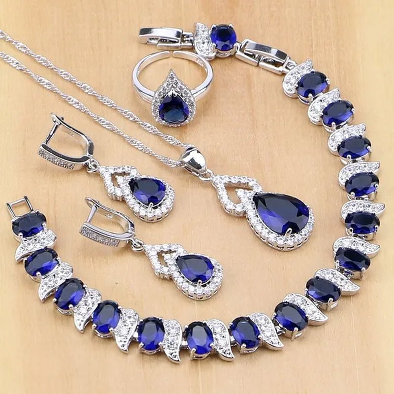925 Silver Jewelry Sets Blue Sapphire White Topaz Open Rings Earrings Pendant Necklace Bracelet for Bridal Women - WORLD TIME VISITS