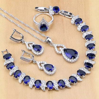 925 Silver Jewelry Sets Blue Sapphire White Topaz Open Rings Earrings Pendant Necklace Bracelet for Bridal Women - WORLD TIME VISITS