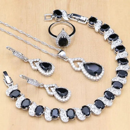 925 Silver Jewelry Sets Blue Sapphire White Topaz Open Rings Earrings Pendant Necklace Bracelet for Bridal Women