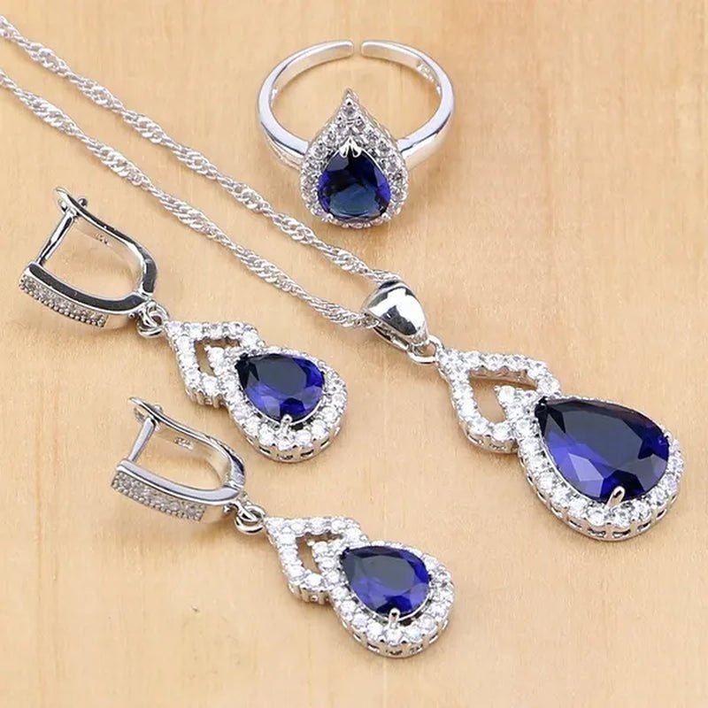 925 Silver Jewelry Sets Blue Sapphire White Topaz Open Rings Earrings Pendant Necklace Bracelet for Bridal Women