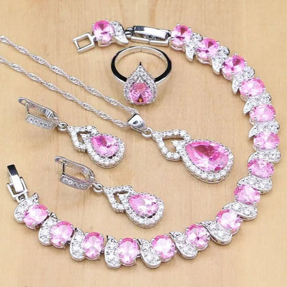 925 Silver Jewelry Sets Blue Sapphire White Topaz Open Rings Earrings Pendant Necklace Bracelet for Bridal Women