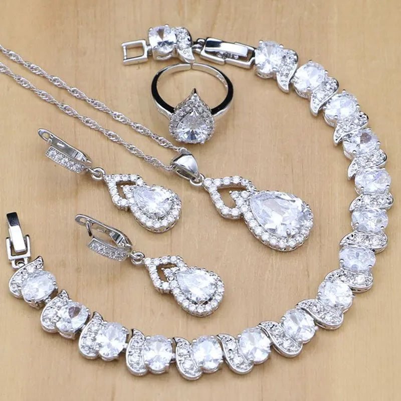 925 Silver Jewelry Sets Blue Sapphire White Topaz Open Rings Earrings Pendant Necklace Bracelet for Bridal Women
