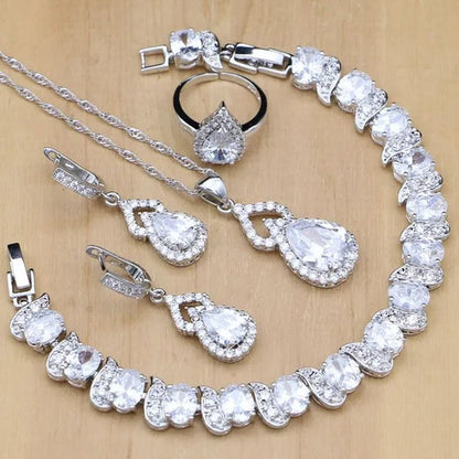 925 Silver Jewelry Sets Blue Sapphire White Topaz Open Rings Earrings Pendant Necklace Bracelet for Bridal Women