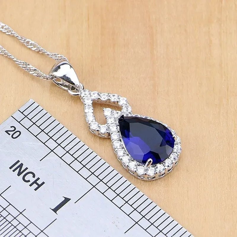 925 Silver Jewelry Sets Blue Sapphire White Topaz Open Rings Earrings Pendant Necklace Bracelet for Bridal Women - WORLD TIME VISITS