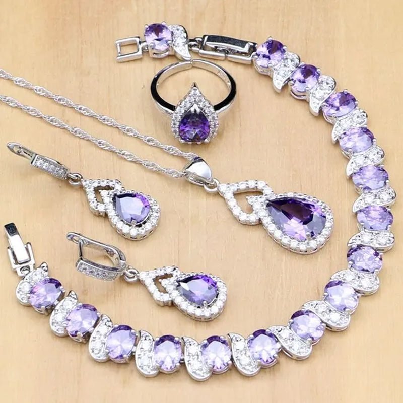 925 Silver Jewelry Sets Blue Sapphire White Topaz Open Rings Earrings Pendant Necklace Bracelet for Bridal Women
