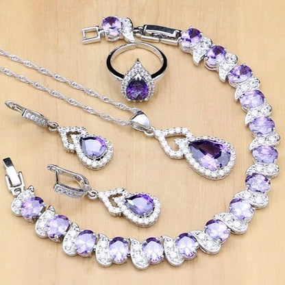 925 Silver Jewelry Sets Blue Sapphire White Topaz Open Rings Earrings Pendant Necklace Bracelet for Bridal Women