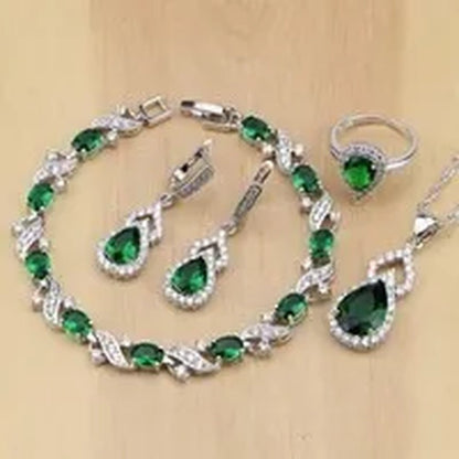 925 Silver Jewelry Sets Blue Sapphire White Topaz Open Rings Earrings Pendant Necklace Bracelet for Bridal Women