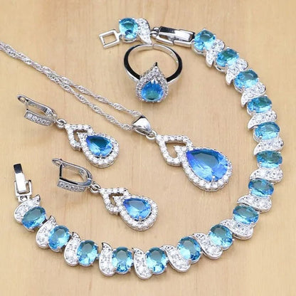 925 Silver Jewelry Sets Blue Sapphire White Topaz Open Rings Earrings Pendant Necklace Bracelet for Bridal Women