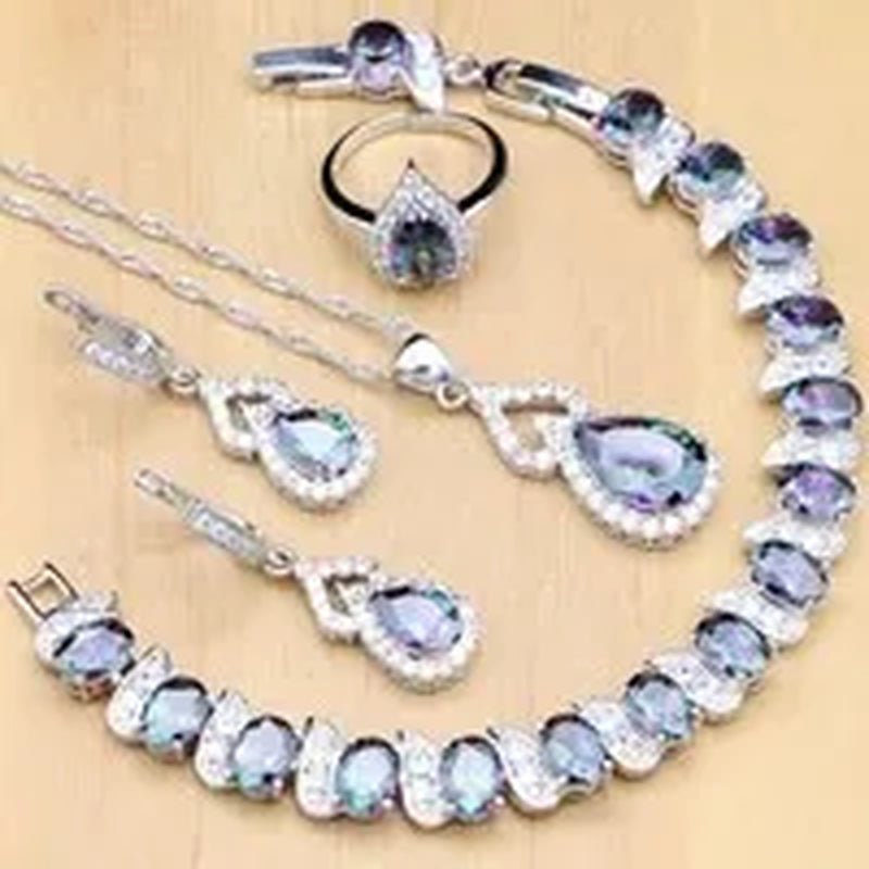 925 Silver Jewelry Sets Blue Sapphire White Topaz Open Rings Earrings Pendant Necklace Bracelet for Bridal Women