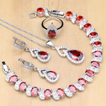 925 Silver Jewelry Sets Blue Sapphire White Topaz Open Rings Earrings Pendant Necklace Bracelet for Bridal Women