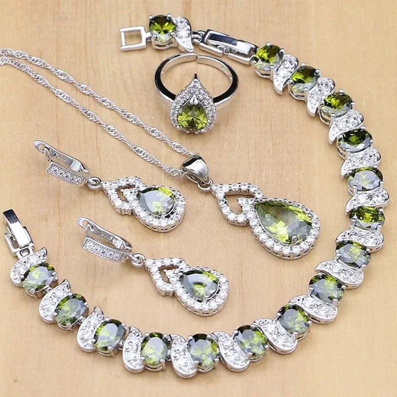 925 Silver Jewelry Sets Blue Sapphire White Topaz Open Rings Earrings Pendant Necklace Bracelet for Bridal Women