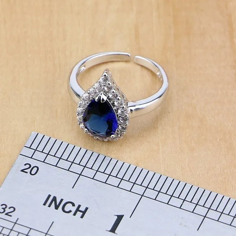 925 Silver Jewelry Sets Blue Sapphire White Topaz Open Rings Earrings Pendant Necklace Bracelet for Bridal Women - WORLD TIME VISITS