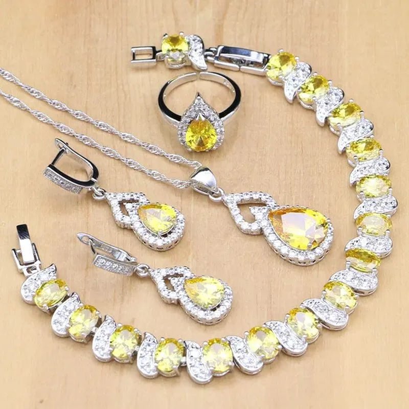 925 Silver Jewelry Sets Blue Sapphire White Topaz Open Rings Earrings Pendant Necklace Bracelet for Bridal Women