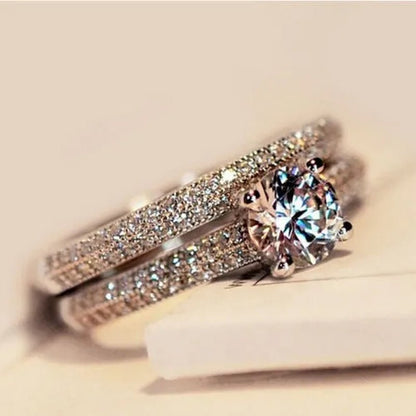 925 Silver Rose Gold Round Cut CZ Wedding Band Engagement Rings Set Women Size 4 5 6 7 8 9 10 11 12