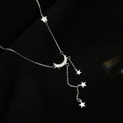 925 Silver Sterling Tassel Star Moon Necklace For Women Clavicle Chain Woman Jewelry Birthday Gift Accessories