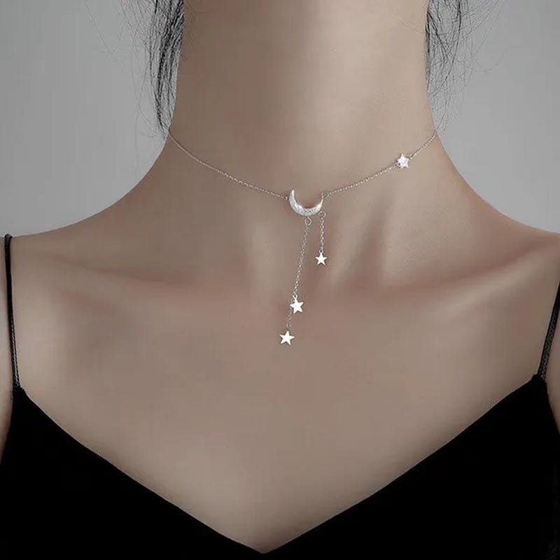 925 Silver Sterling Tassel Star Moon Necklace For Women Clavicle Chain Woman Jewelry Birthday Gift Accessories