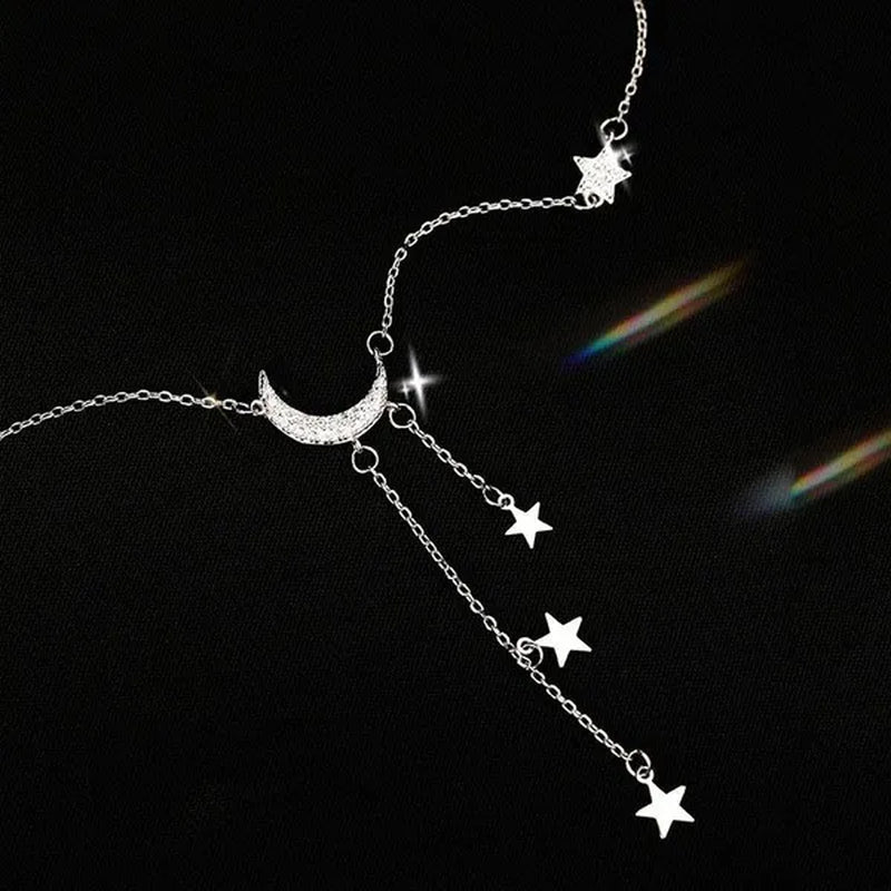 925 Silver Sterling Tassel Star Moon Necklace For Women Clavicle Chain Woman Jewelry Birthday Gift Accessories - WORLD TIME VISITS