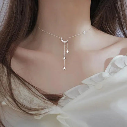 925 Silver Sterling Tassel Star Moon Necklace For Women Clavicle Chain Woman Jewelry Birthday Gift Accessories