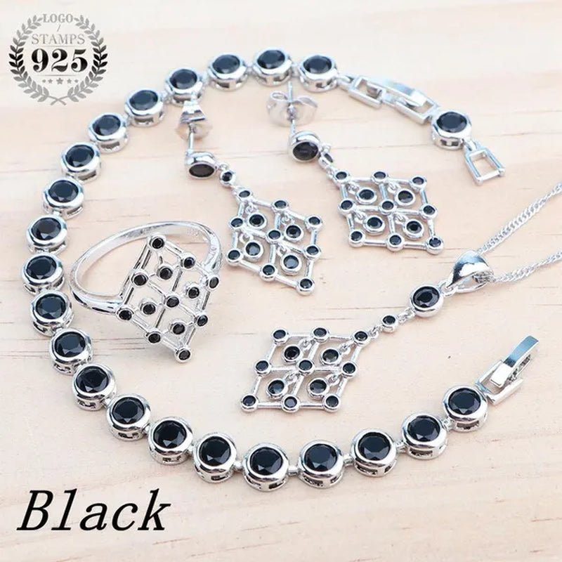 925 Silver Zircon Bridal Jewelry Set For Women Bracelet Earrings Pendant Necklace Rings