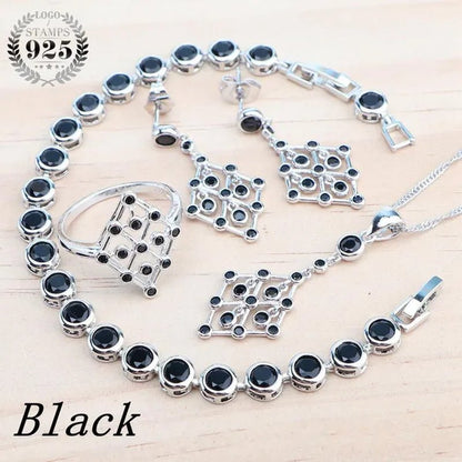 925 Silver Zircon Bridal Jewelry Set For Women Bracelet Earrings Pendant Necklace Rings