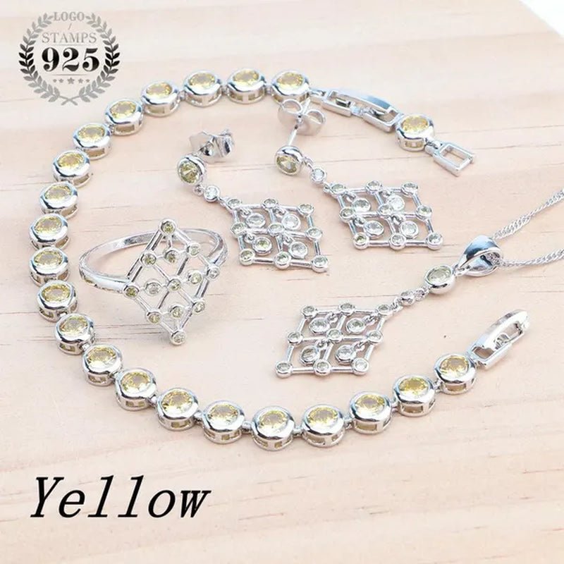 925 Silver Zircon Bridal Jewelry Set For Women Bracelet Earrings Pendant Necklace Rings