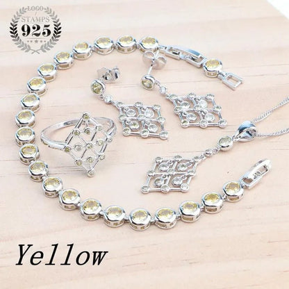 925 Silver Zircon Bridal Jewelry Set For Women Bracelet Earrings Pendant Necklace Rings