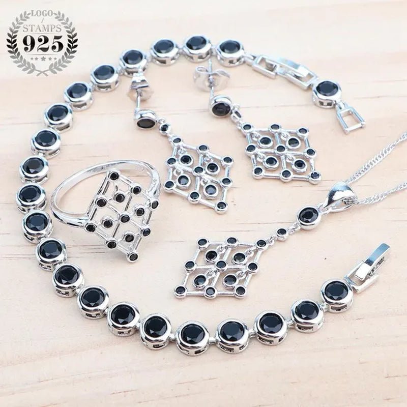 925 Silver Zircon Bridal Jewelry Set For Women Bracelet Earrings Pendant Necklace Rings - WORLD TIME VISITS