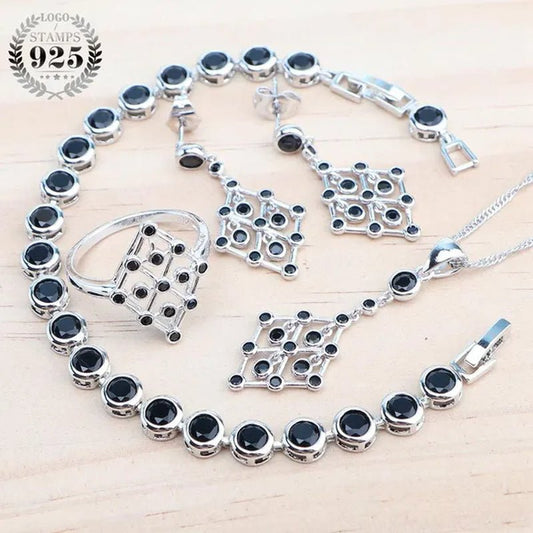925 Silver Zircon Bridal Jewelry Set For Women Bracelet Earrings Pendant Necklace Rings - WORLD TIME VISITS