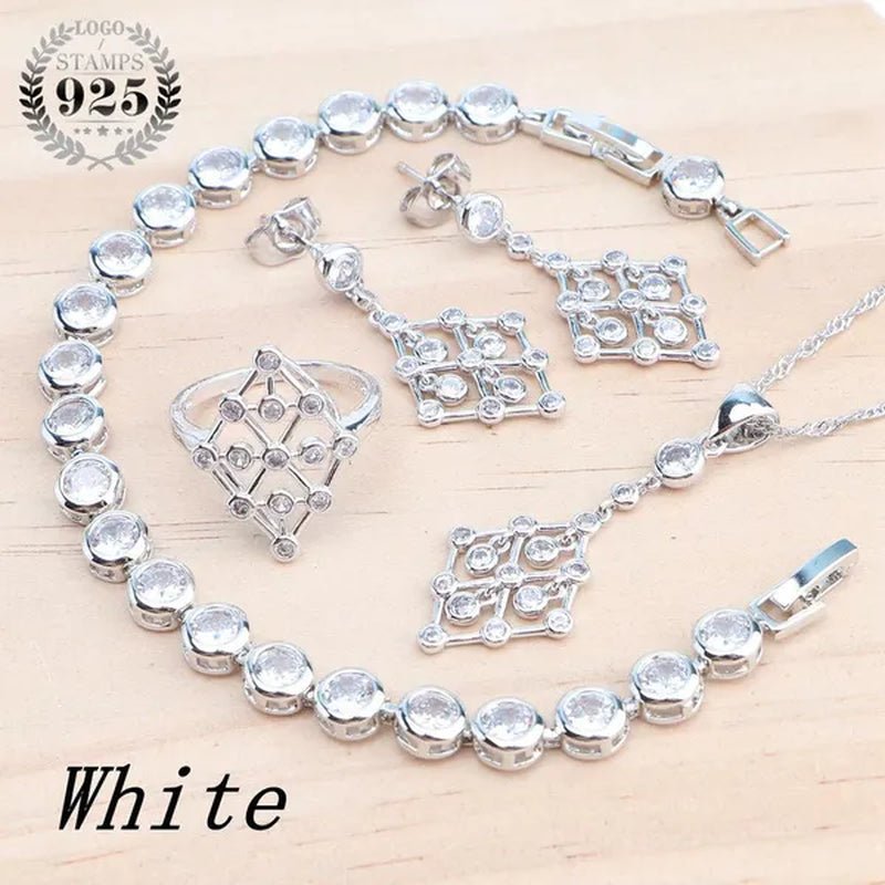 925 Silver Zircon Bridal Jewelry Set For Women Bracelet Earrings Pendant Necklace Rings - WORLD TIME VISITS