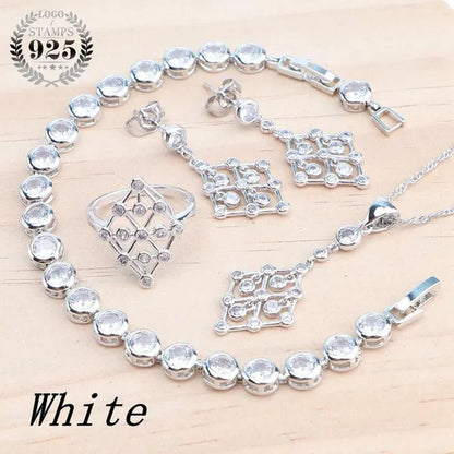 925 Silver Zircon Bridal Jewelry Set For Women Bracelet Earrings Pendant Necklace Rings - WORLD TIME VISITS