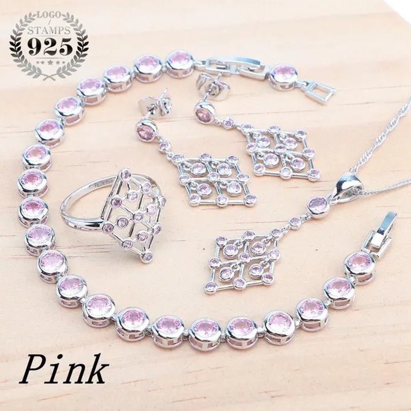 925 Silver Zircon Bridal Jewelry Set For Women Bracelet Earrings Pendant Necklace Rings