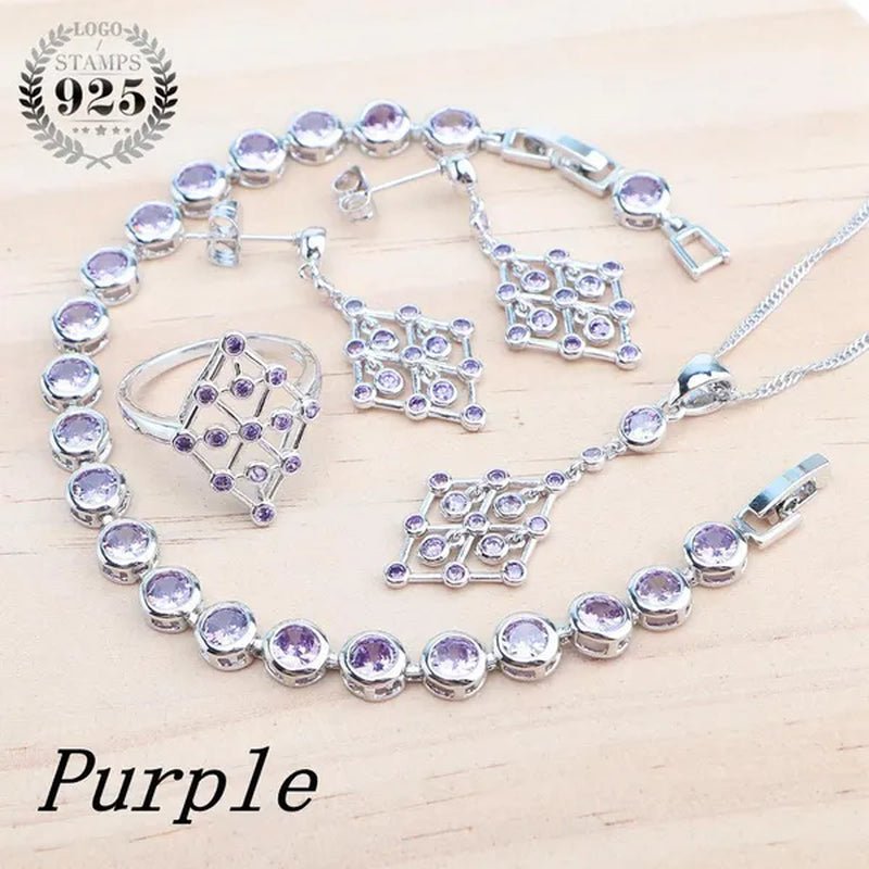 925 Silver Zircon Bridal Jewelry Set For Women Bracelet Earrings Pendant Necklace Rings - WORLD TIME VISITS