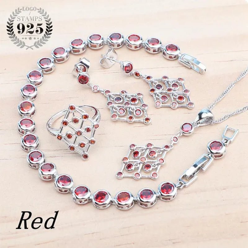 925 Silver Zircon Bridal Jewelry Set For Women Bracelet Earrings Pendant Necklace Rings